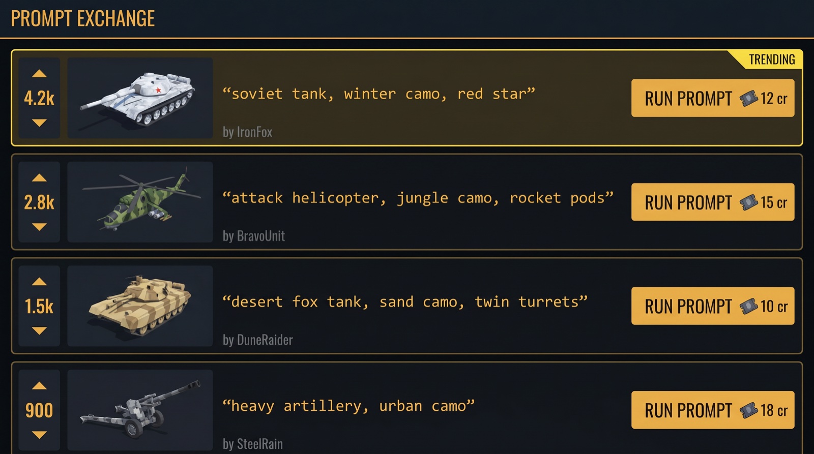 Prompt Exchange concept: a feed of player prompts with upvotes, unit thumbnails, authors and a Run Prompt button priced in credits