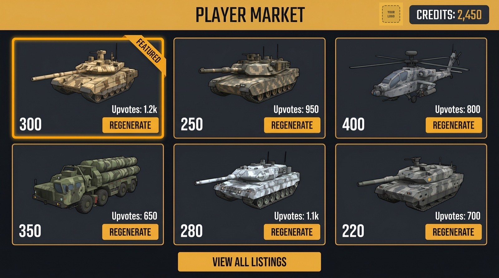 DoctrineStrike Player Market concept: a grid of player-created units with credit prices, upvotes and a Regenerate button on each card