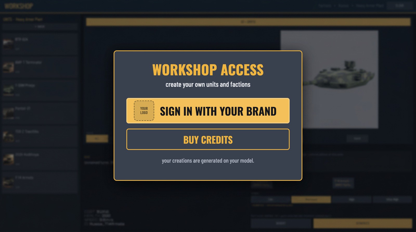 DoctrineStrike workshop access screen concept with a large partner sign-in button and a Buy Credits button