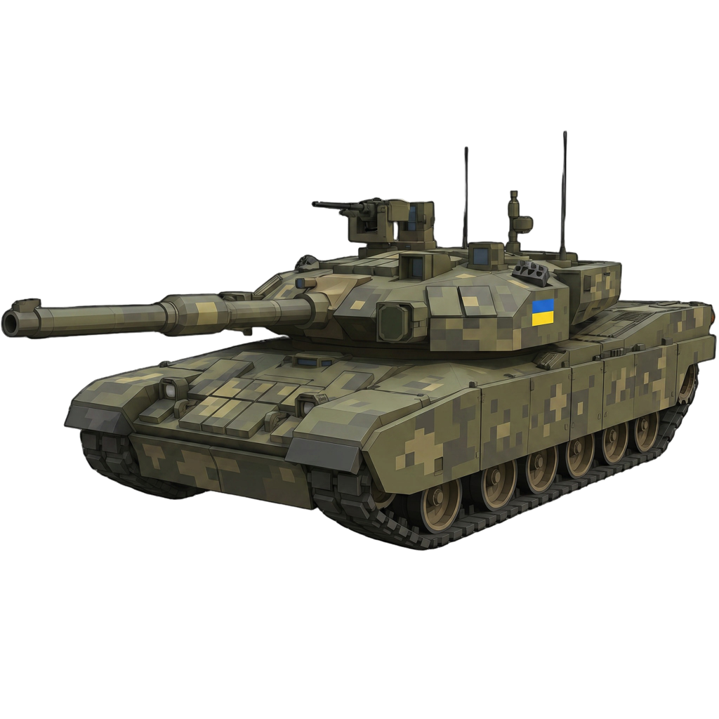 Player-generated Ukrainian main battle tank with pixel camouflage and blue-and-yellow flag