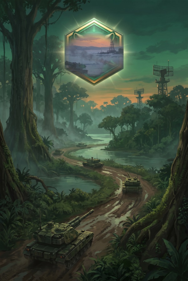 Brazil player faction key art: jaguar emblem over a jungle river with advancing tanks