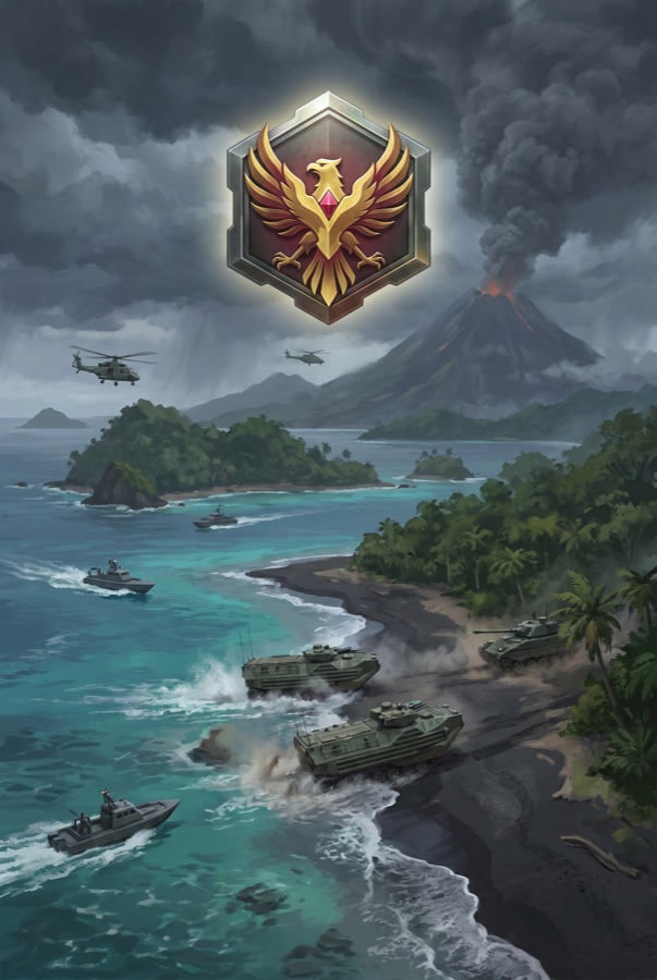 Indonesia player faction key art: Garuda emblem over a volcanic archipelago amphibious landing