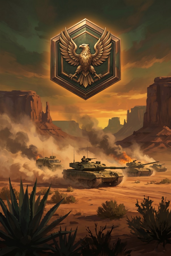 Mexico player faction key art: golden eagle emblem over a desert plateau with an armored column
