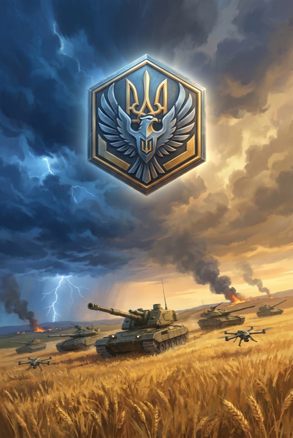 Ukraine player faction key art: falcon and trident emblem over storm-lit wheat fields with tanks and drones