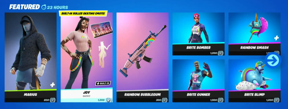 Fortnite Item Shop featuring skins and emotes with V-Bucks prices